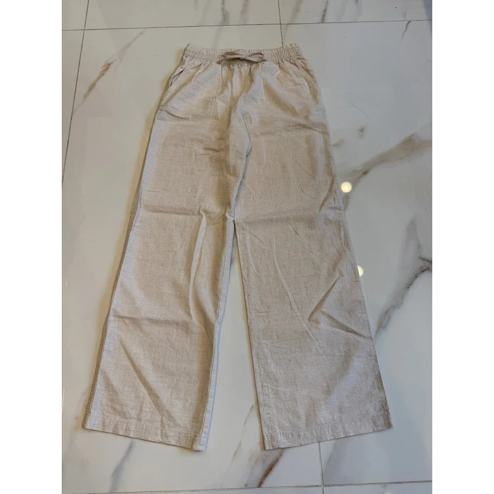 H&M Women Beige Linen Blend Wide Leg Elastic Waist Pants XS NWT 1209522 008
